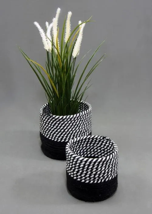 Barnes Jute/Cotton Round Basket Black/Whitel, Set of 2 by Esselle