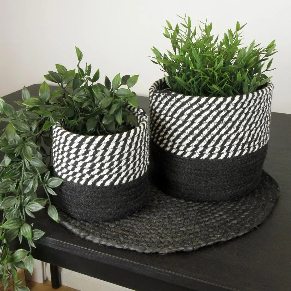 Barnes Jute/Cotton Round Basket Black/Whitel, Set of 2 by Esselle