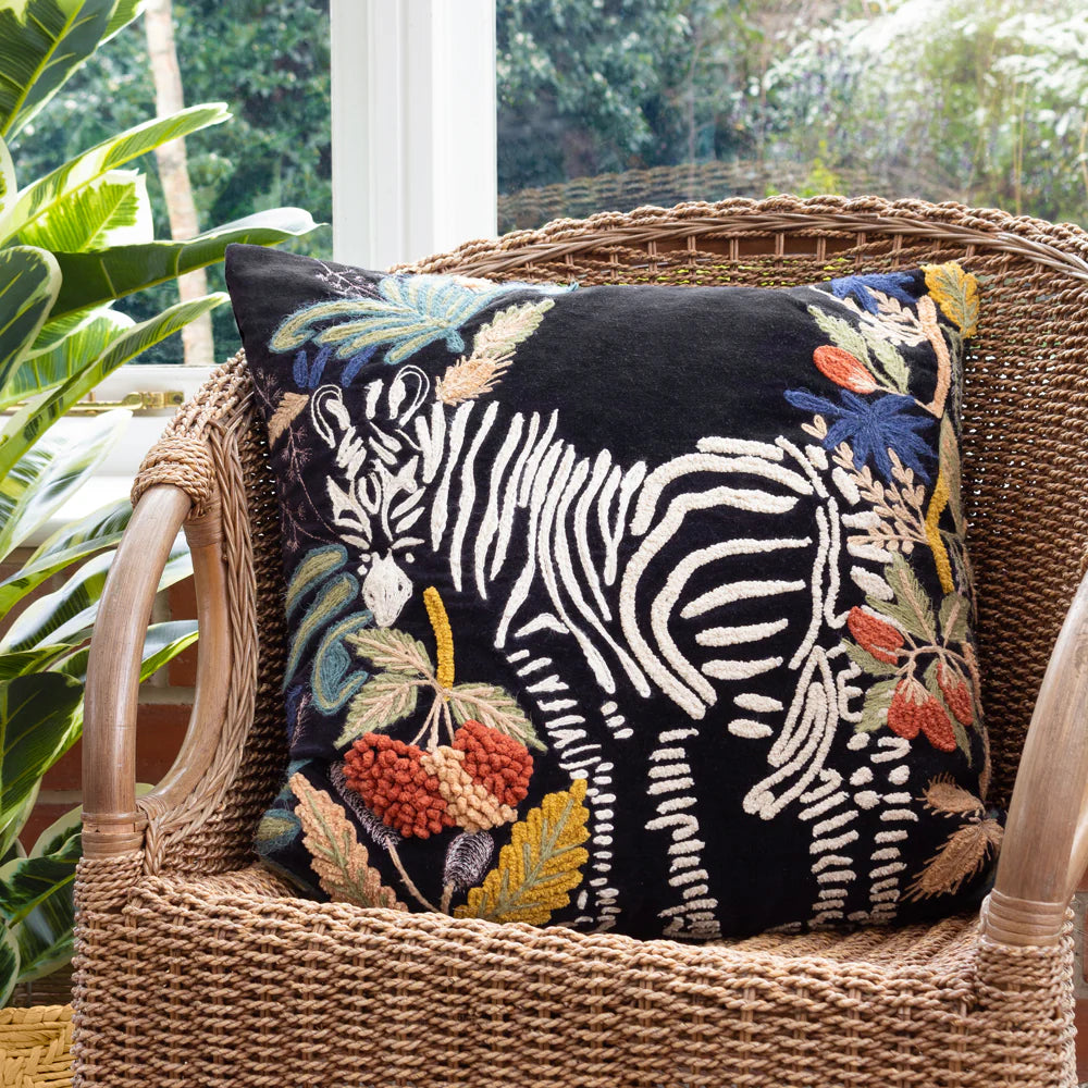 Exotic Zebra Embroidered Cushion Midnight, 50x50cm by Wylder