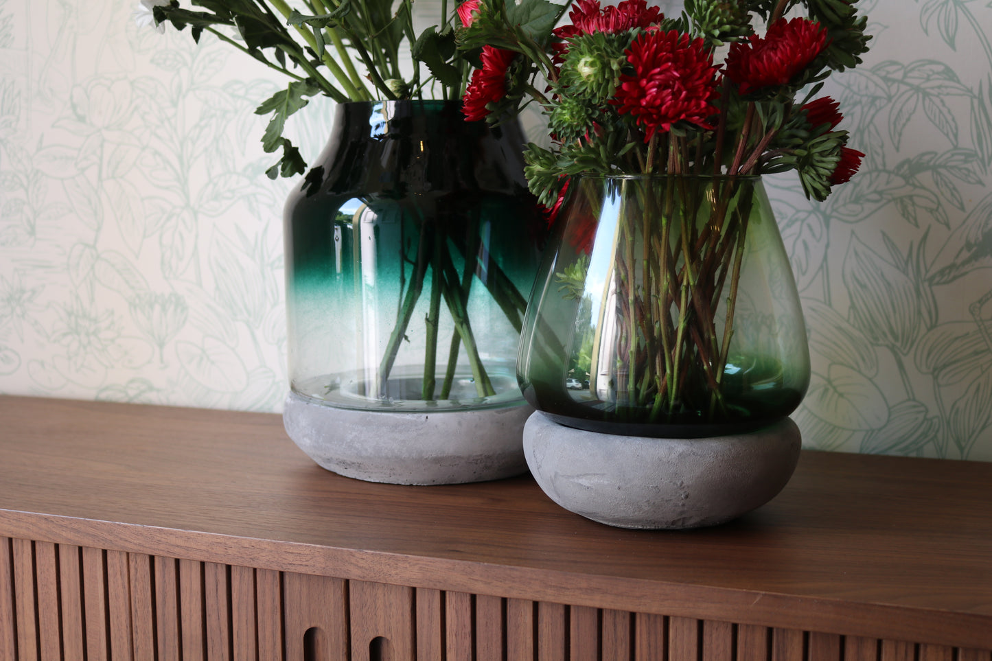 Set of 2 Glass & Concrete Vases, Candle Holders