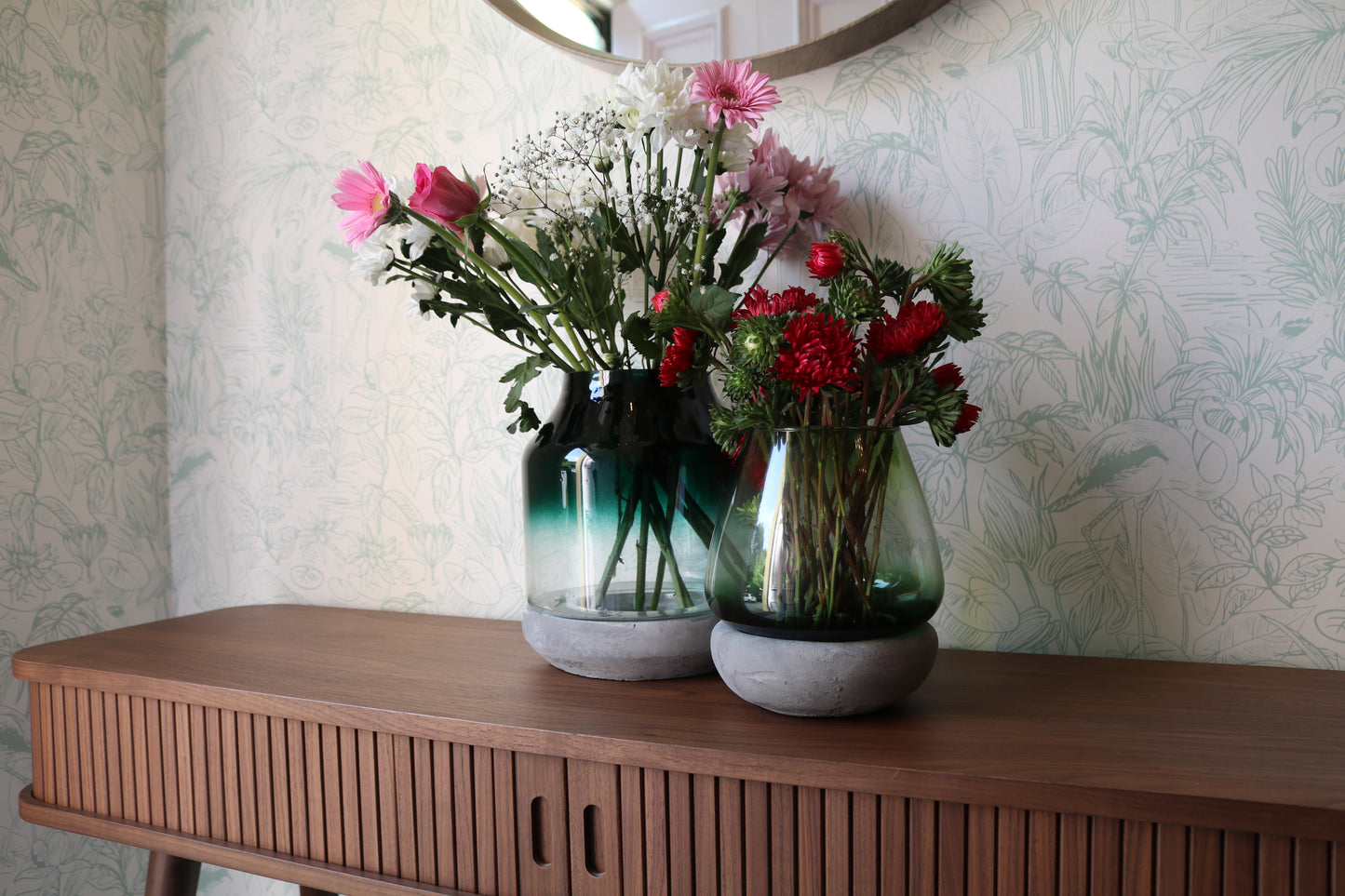 Set of 2 Glass & Concrete Vases, Candle Holders