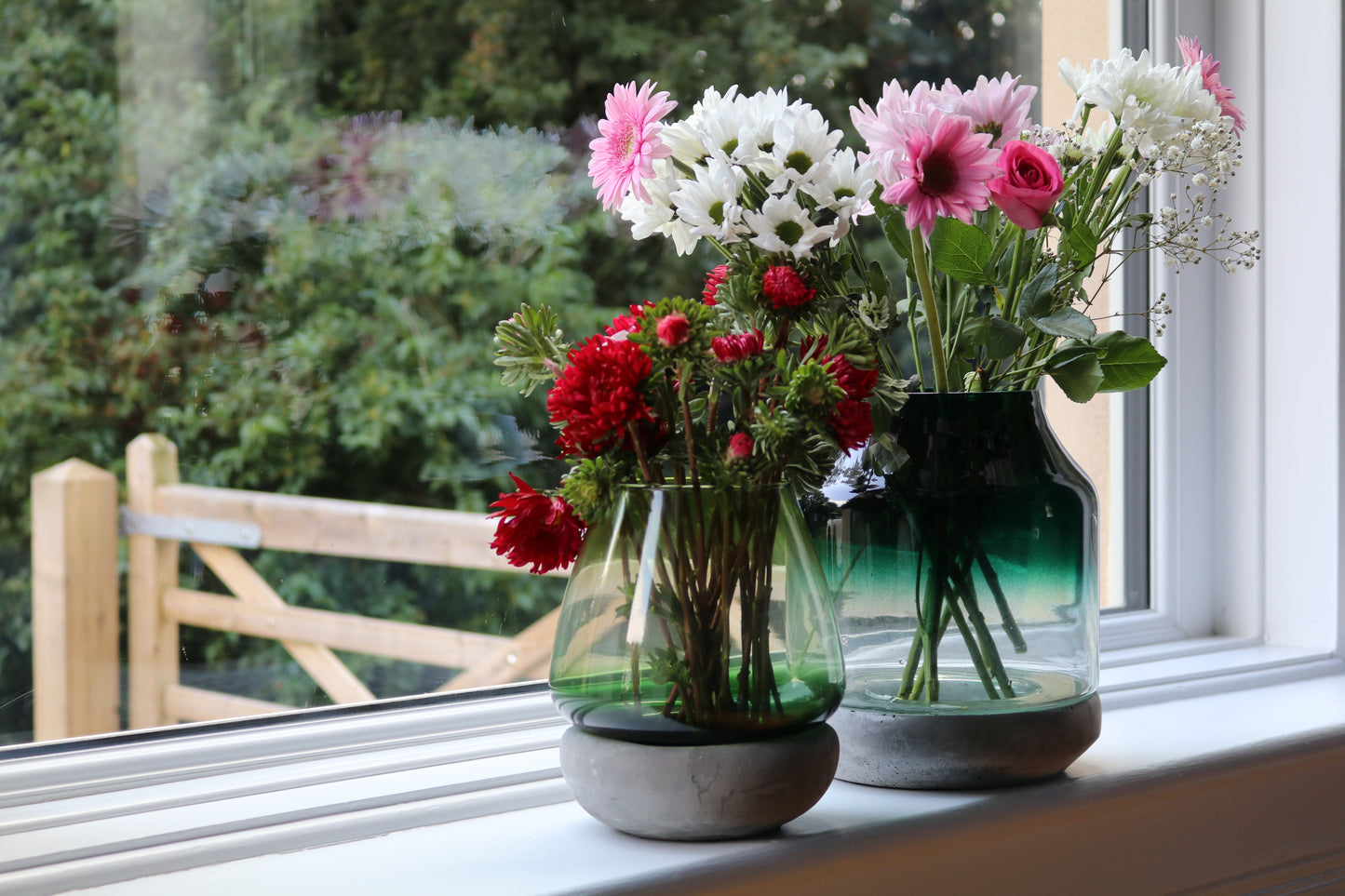 Set of 2 Glass & Concrete Vases, Candle Holders