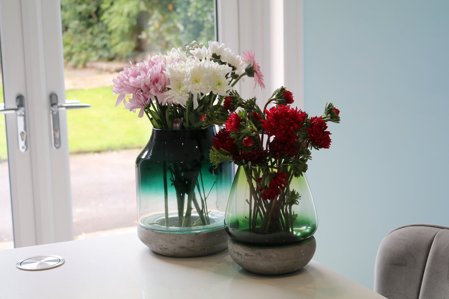 Set of 2 Glass & Concrete Vases, Candle Holders