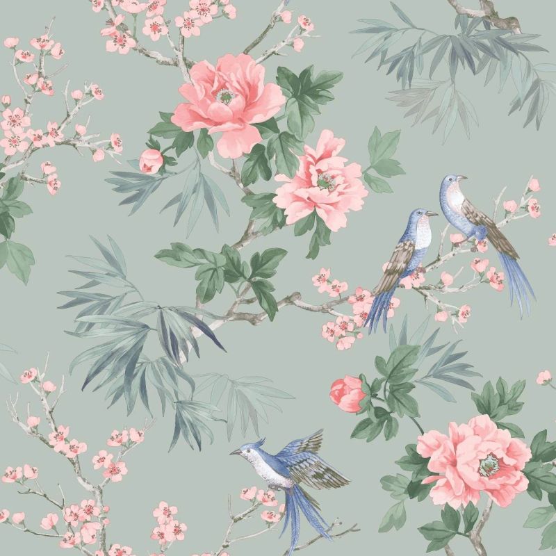 Chinoiserie Cherry Blossom Birds Sage 260568 by Rasch