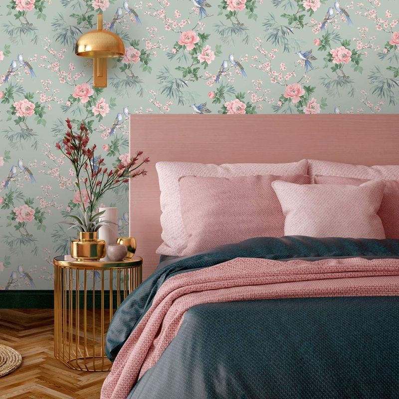Chinoiserie Cherry Blossom Birds Sage 260568 by Rasch