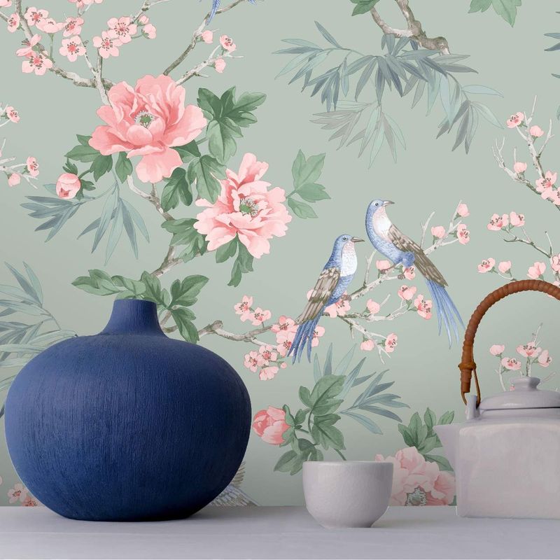 Chinoiserie Cherry Blossom Birds Sage 260568 by Rasch