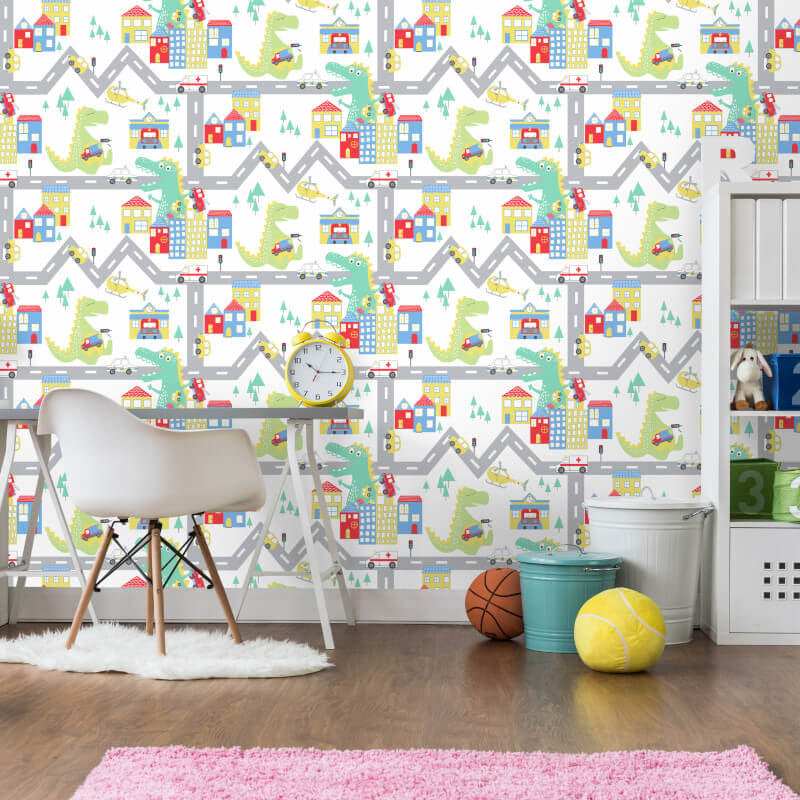 Dino Road White/Multi 90910 by Holden Decor