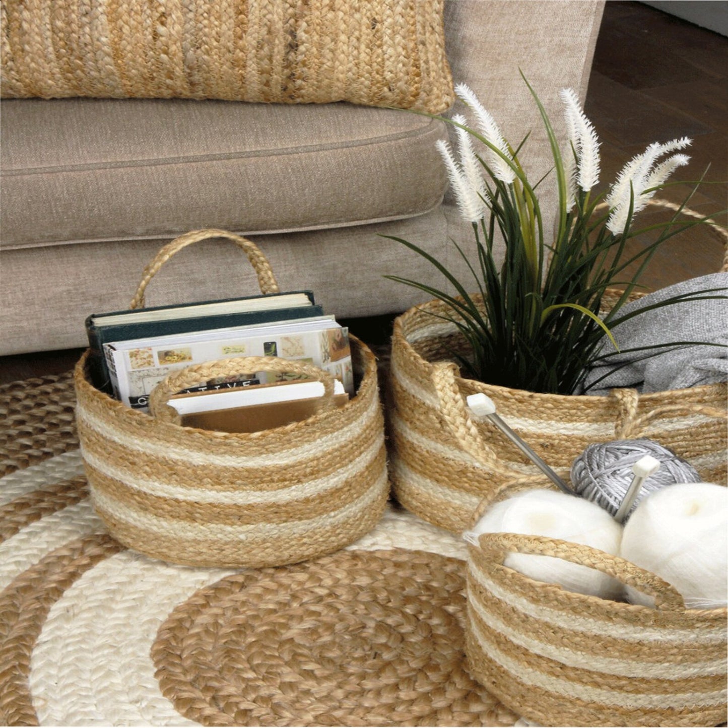 Barnsbury Jute Stripe Basket Cream/Natural, Set of 3 by Esselle