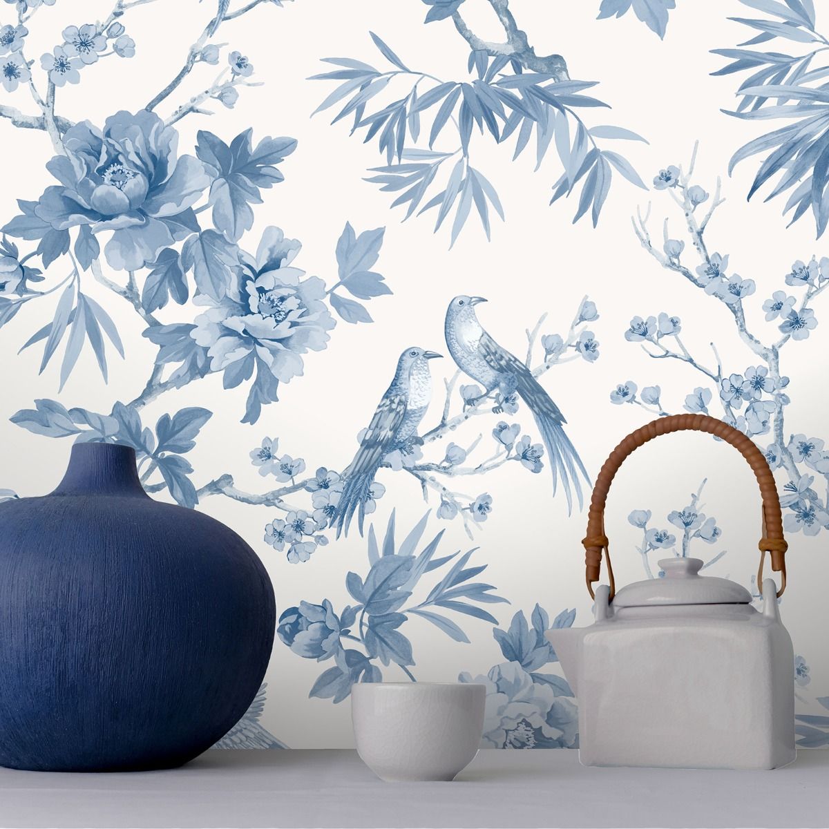 Chinoiserie Cherry Blossom Birds Blue 260554 by Rasch