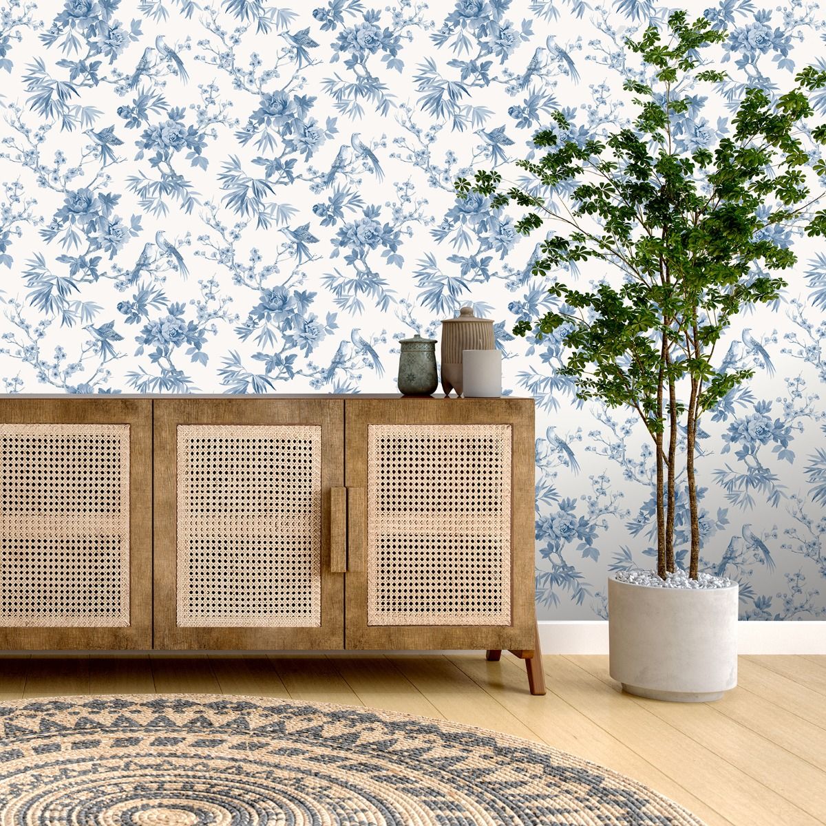 Chinoiserie Cherry Blossom Birds Blue 260554 by Rasch