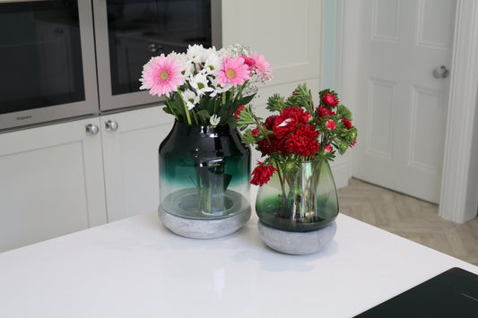Set of 2 Glass & Concrete Vases, Candle Holders