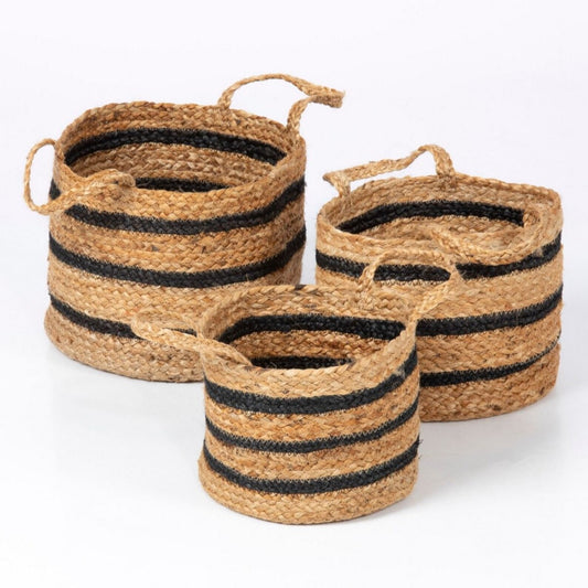 Barnsbury Jute Stripe Basket Black/Natural, Set of 3 by Esselle