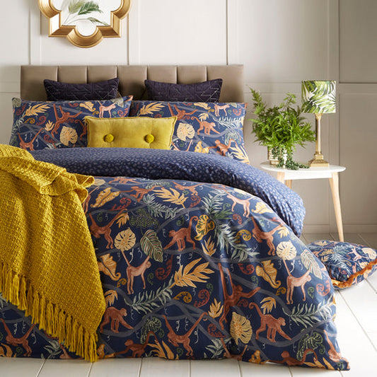 Monkey Forest Jungle Midnight Blue Duvet Cover Set by Furn.